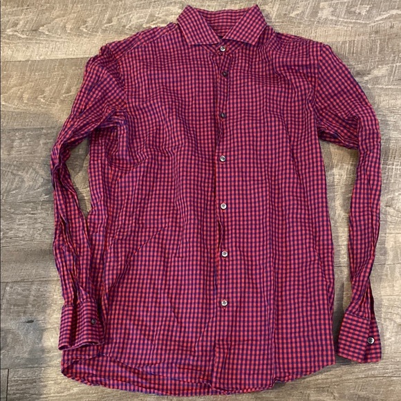 Hugo Boss Red and Blue Casual Button Down Shirt with Classic Collar - Picture 1 of 11